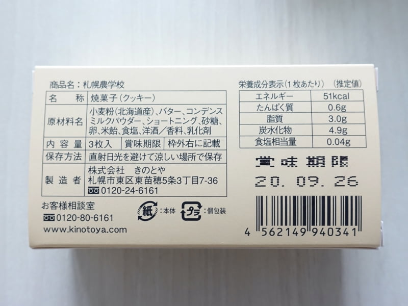 札幌農学校のカロリー・原材料・栄養成分表示