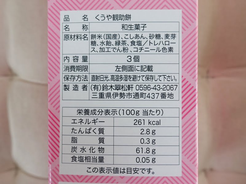 くうや観助餅の原材料とカロリー・栄養成分表示