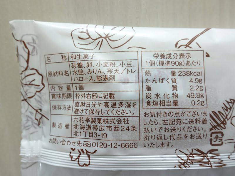 六花亭のどら焼き カロリーなどの栄養成分表示と原材料