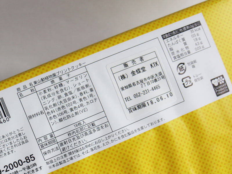 東山動植物園プリントクッキーのカロリーや原材料の写真