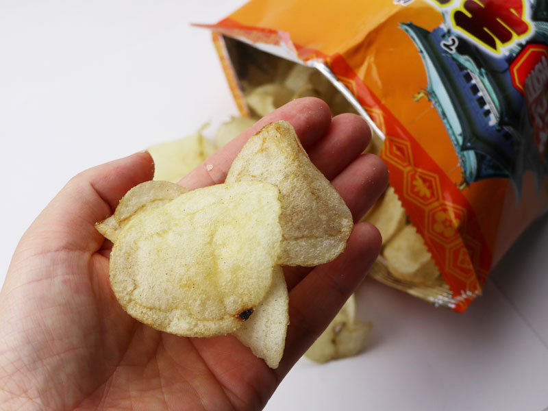 名古屋手羽先風味ポテトチップスを手のひらにのせた写真