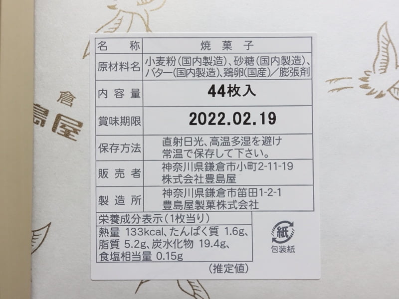 鳩サブレーのカロリー・原材料