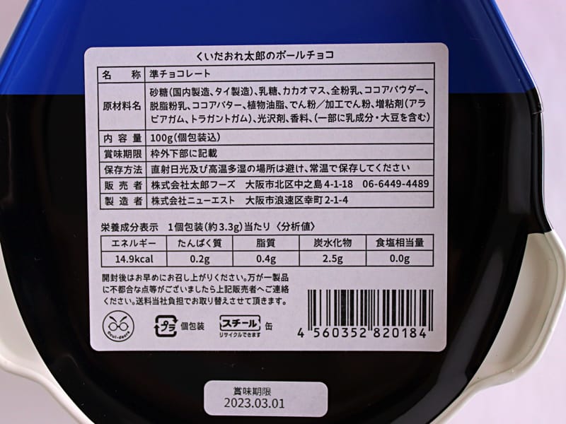 くいだおれ太郎のボールチョコ　栄養成分表示